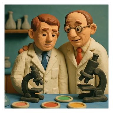Two caring 1940s male scientists wearing white lab coats over a suite in their science laboratory full of microscopes and petri dishes. sticker