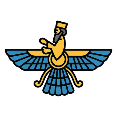 Cyrus the Great foruhar symbol, color outlined icon style, subtle gold and blue accents sticker