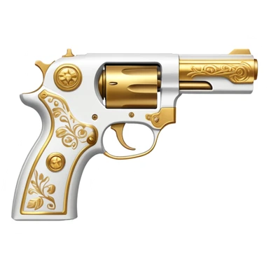 an artistic handgun, short but deadly, all white with golden decoration sticker