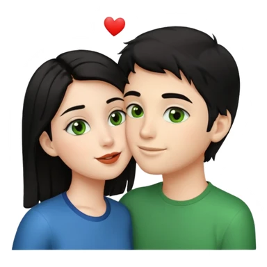 a girl with black hair and green eyes giving a kiss on the cheek to a boy with brown hair and brown eyes, emoji style sticker