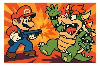 Mario and Bowser in a showdown, Mario with a shotgun, Bowser falling back, exaggerated cartoon action sticker