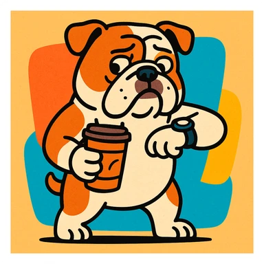 English Bulldog standing with a to-go coffee cup, glancing at a watch, vibrant cartoon style sticker