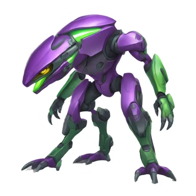 a purple-green Genesect-Raptor-Fakémon—hybrid with a futuristic visor-helmet full body sticker