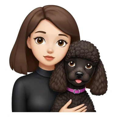 a white girl with straight brown hair and a black french poodle dog sticker
