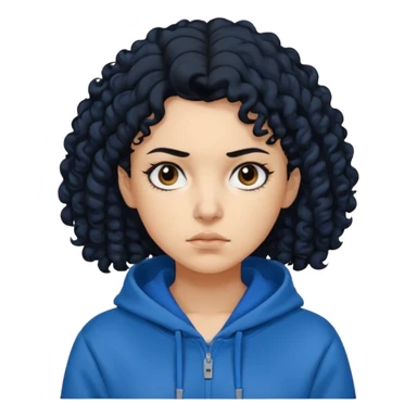 A woman with curly black hair, wearing a blue-black hoodie, and a slightly serious expression on her face. sticker