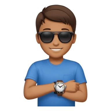 Un niño con pelo lacio color castaño,con lentes de sol negros y un reloj en la mano sticker