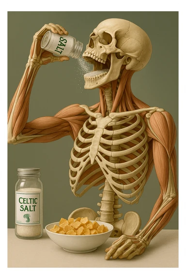 Create a vertical hyperrealistic 4K medical illustration in the style of the reference image. Depict an anatomically accurate human body holding a jar labeled 'CELTIC SALT', throwing salt into his mouth during breakfast. The background should be neutral and clear, with extreme detail and vertical format. Maintain the ultra-detailed medical illustration style as in the reference. sticker