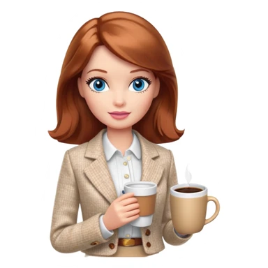 A Barbie girl with blue eyes, shoulder-length reddish-brown hair, made-up, wearing a white tweed jacket and a beige skirt, is sitting at a table with a cup of coffee in her hands sticker