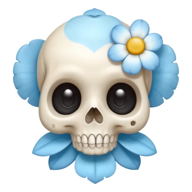 super cute skull holding a tiny flower, big eyes, soft pastel blue and white colors, smiling sticker