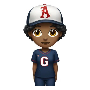 Black long hair girl wearing navy ballcap emblazoned with a red G initial and wearing baseball uniform sticker