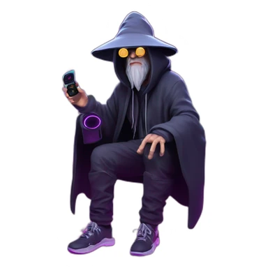 Gandalf wearing a black hoodie with "OMG" letters on it and VR headset in a cyberpunk VR environment with violet neon lighting. sticker