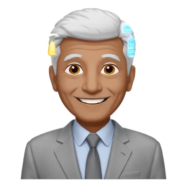 70 yr old man, very short spike white hair, pakistani, light grey business suit, big smile, dark skin, no facial hair
 sticker
