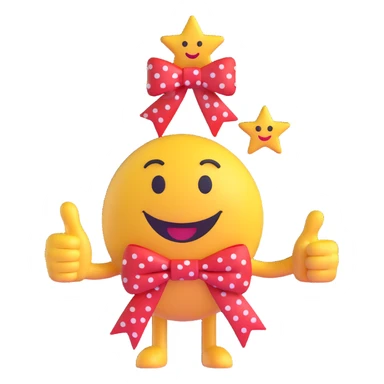 3D smiley emoji with big eyelashes, red polka dot bow, thumbs up with star and musical note sticker