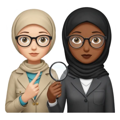 one white woman with hijab and glasses detective + one black woman without hijab and glasses detective  hand lens in one hand, hat etc sticker