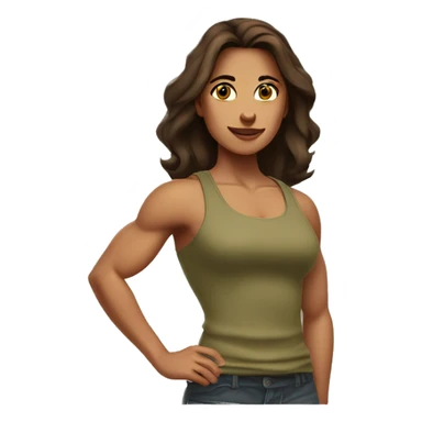 A muscular woman with long, smooth brown hair and brown eyes and bright skin, showing off her arm muscles, wearing a khaki tank top  sticker