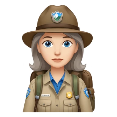 white woman park ranger with blue eyes, brown and gray hair, wearing a backpack sticker