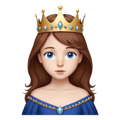 a young chesnut brown haired girl with blue eyes, freckles and a dark blue gown. crown on top of head. sticker