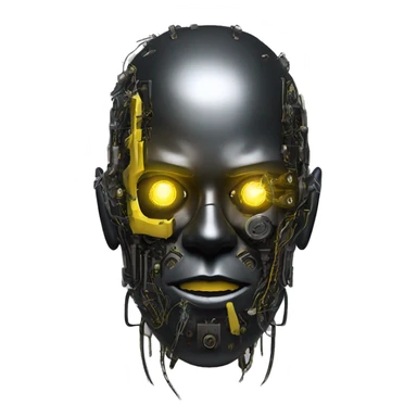 black metal cyborg head with circuitry, one artificial eyeball, and yellow Mohawk goatee sticker