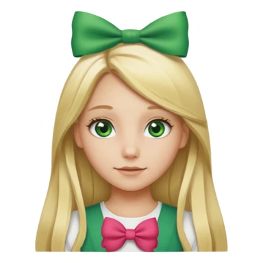 blonde girl long hair middle part, green eyes,at with a bow with text saying "engoy" sticker