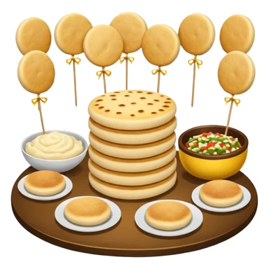 party table decorated all over with colombian arepas,  sticker
