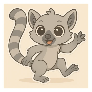 Change the cartoon lemur to have grey fur, keep the playful pose and big eyes, same chibi stickers style. sticker