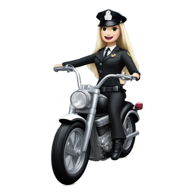 Good Time Barbie, Wednesday Addams from academy in vertically-striped dark-gray and black London police officer’s uniform with hat. Leaning back at the hips, riding a wheelie on a hot rod bike smiling  sticker