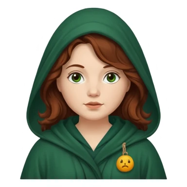 A white woman with a chubby face, with long dark auburn hair robed and hooded like she's a Traitor in the tv show The Traitors. her hair is slightly curly, but kinda frizzy, not with defined curls, and the robe is a very dark green color sticker