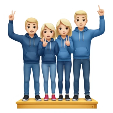 three people in jeans and hoodies on a winners’ podium with no numbers, center person holds up one finger on each hand, bright cheerful expressive emoji illustration sticker