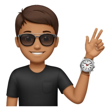 Un niño con pelo lacio color castaño,con lentes de sol negros y un reloj en la mano sticker