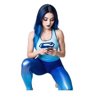 Shameful-head tilted-texting on phone-very very very large upper body-sexy face-bending forward at waist-very long very straight dark blue to light blue ombre hair-and-blue eyes-thick black eyeliner-thick long eyelashes-iridescent blue lowcut tanktop with black leggings with glitter superman logo sticker