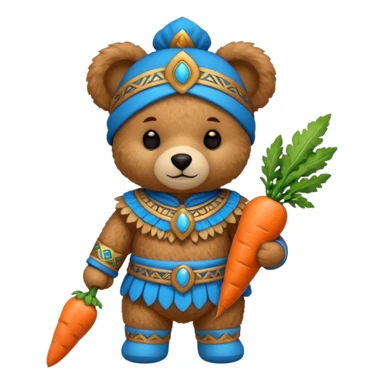teddy bear, wearing blue mayan ancient custome, with carrot half body sticker