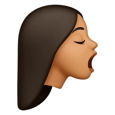 Create a side view (profile) of this woman's head in the normal iPhone emoji style, with closed eyes, long eyelashes, mouth open wide, smooth shading, no outlines, long dark hair, and lips clearly visible. Variant 2. sticker