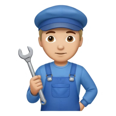 Russian male factory worker wearing overalls and a flat cap holding a wrench sticker