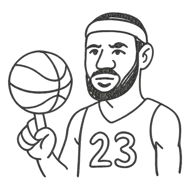 LeBron James hand-drawn outlined icon, recognizable features, basketball in hand sticker