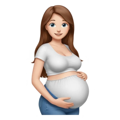 White girl, 18, long brown hair, blue eyes, white crop top, jeans, huge pregnant belly, big boobs, side view, skinny, bare midriff, smiling sticker