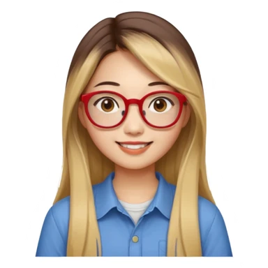 20 yr old asian woman, straight thick long brown hair, blond at ends of hair, middle part, big red glasses, brown eyes, casual shirt sticker