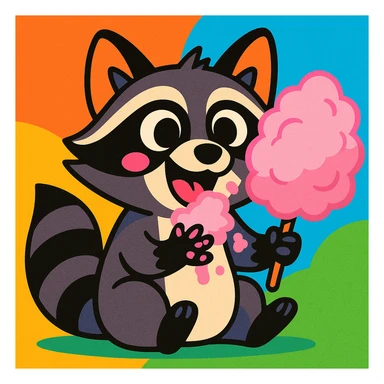raccoon with sticky paws eating cotton candy, whimsical illustration, vibrant colors, cartoon style sticker