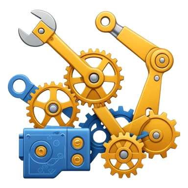 An icon featuring gears, a wrench, and a blueprint, symbolizing engineering. The design includes a mechanical arm, circuit boards, and construction tools, representing innovation, problem-solving, and technological advancement. Transparent background highlights the science of design sticker
