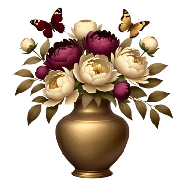 A weathered brass vase holds lush beige peonies, surrounded by scattered burgundy petals. Brown butterflies hover above, bathed in warm, antique light. sticker