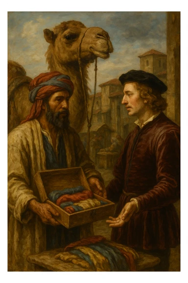 Сгенерируй в стиле реалистичной живописи как в средневековья человек с верблюдом предлагает европейцу товары sticker