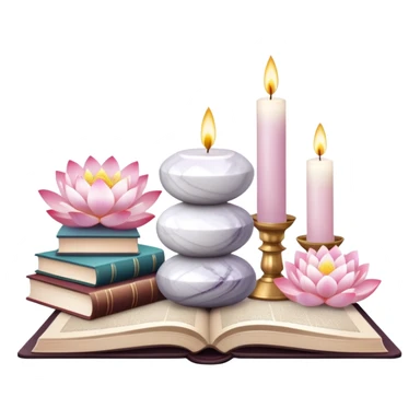Aesthetic candles, flower petals, books, marble stand, crystal stones, lotus, feathers, zen, decoration, meditation,  sticker