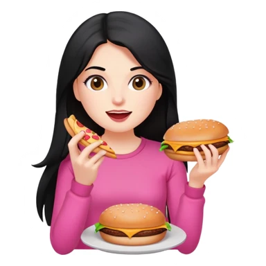 White girl in pink clothes and long black hair eating burger and pizza sticker