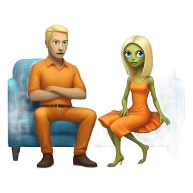 blonde alien reptilian woman in orange dress and humman man in blue, sitting on a couch  sticker