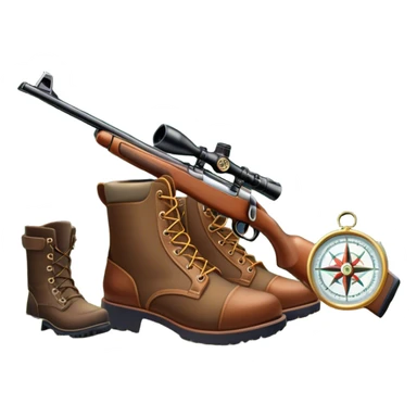 Icon for Hunting Tourism: a double-barrelled hunting rifle, hunting boots and a compass on a forest background, with a silhouette of wildlife in the distance. The icon should capture the adventure and connection with nature in hunting tourism. Transparent background. sticker