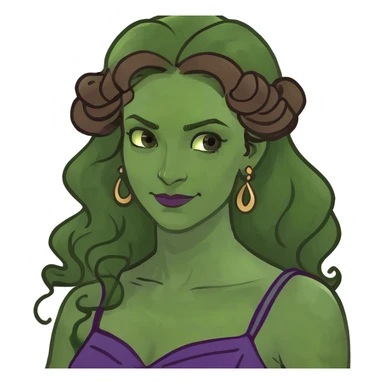 Woman with long brown wavy hair tied up, a curl on her forehead, wearing a purple Grecian dress, with a confident smirk. sticker