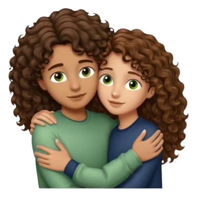 light brown skinned girl with long and dark brown wavy hair and brown eyes hugging and being loving with white boy with light brown and very curly short hair and green eyes  sticker