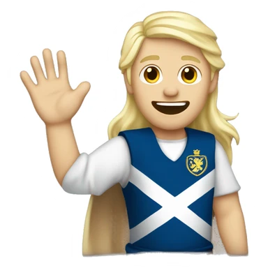 Male with blonde hair waving hand to say hello with a Scotland sticker