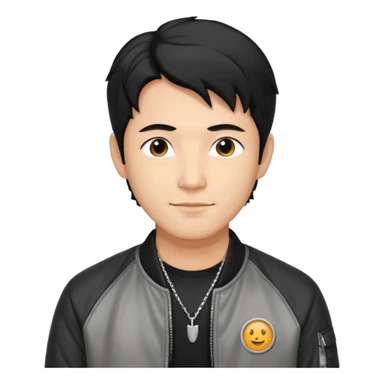 Handsome and mature Asian guy wavy hair, wearing silver necklace, dressed cool in black bomber jacket, demure but with a smirk  sticker