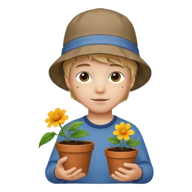 young boy wearing bucket hat, holding a flower pot sticker