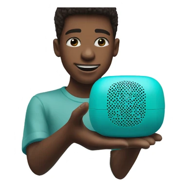 Realistic turquoise portable smart speaker being held by boy. sticker